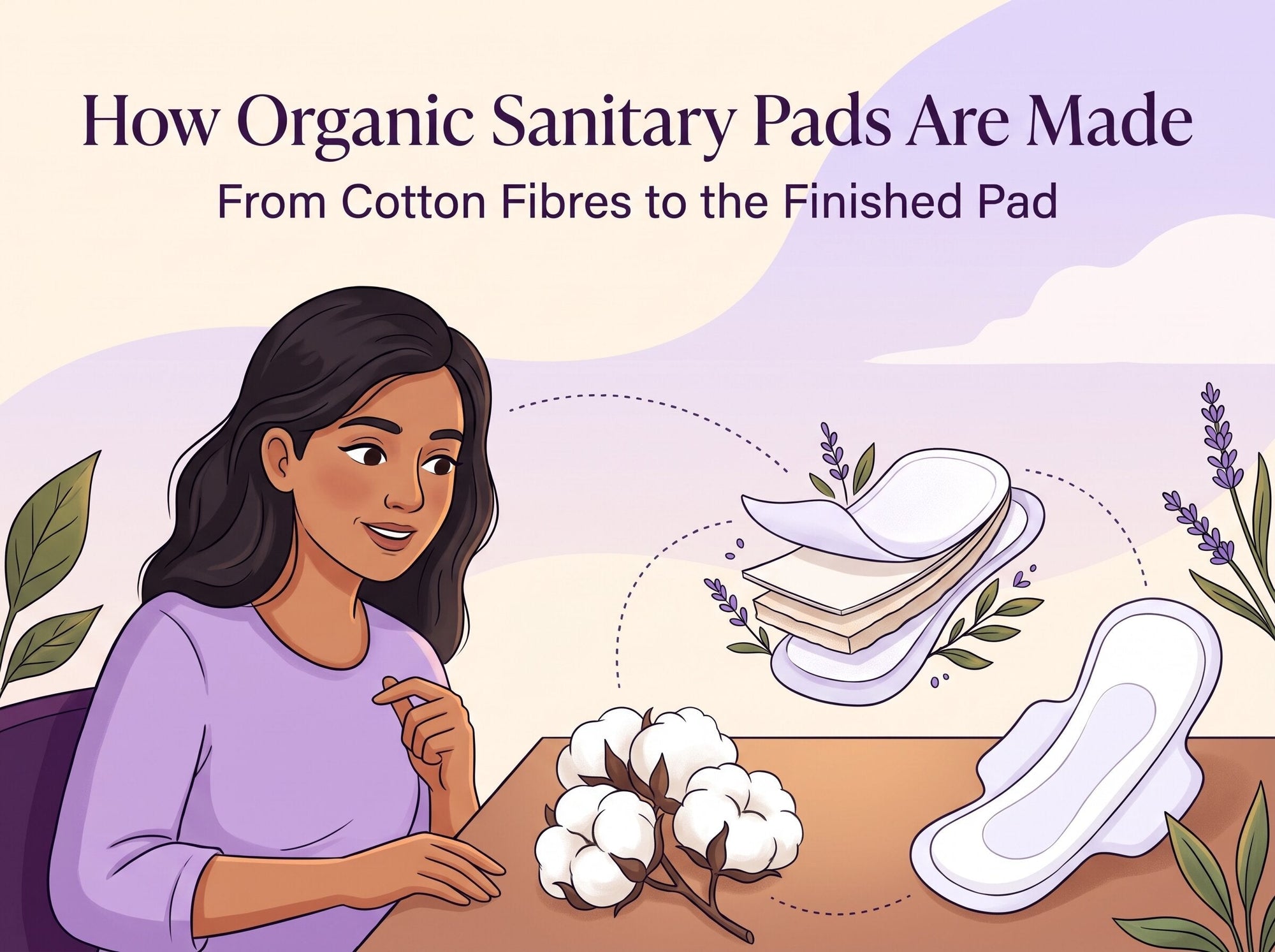 Illustration of a woman viewing cotton fibres, sanitary pad layers and a finished pad